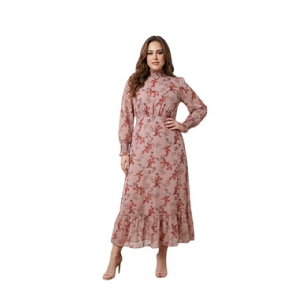 Baltic Born Dress Women XL Pink Floral Chiffon High Neck Maxi Smocked Ruffle